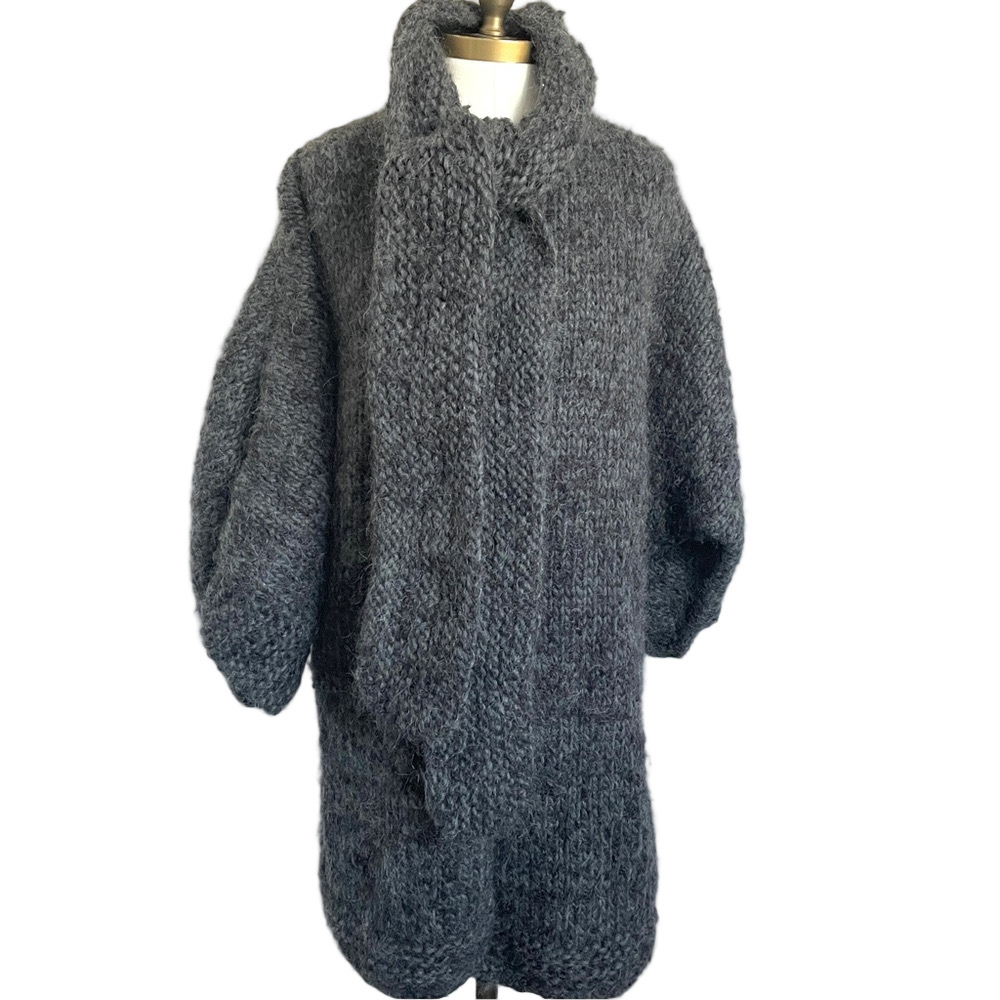 Handmade Gray Chunky Knit Long Cardigan w/ Attached Scarf - Medium - Picture 3 of 12